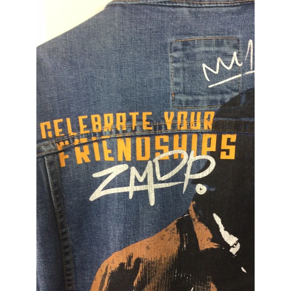 Zara Denim Jacket Mens M Trucker Bomber‎ Celebrate Your Friendships Distressed